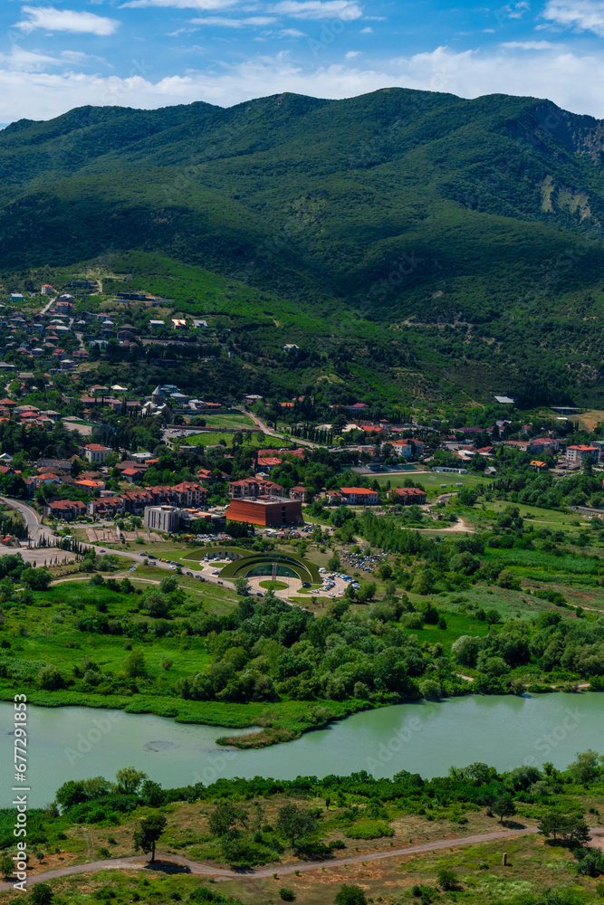 Jvari Monastery panaromic view  Aragvi River valley  significant waterway in Georgia, landscapes. Originating in the Greater Caucasus Mountains
