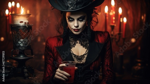 Gothic Woman in Red with a Dark, Mysterious Gaze