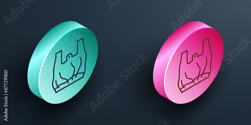 Isometric line Say no to plastic bags poster icon isolated on black background. Disposable cellophane and polythene package prohibition sign. Turquoise and pink circle button. Vector