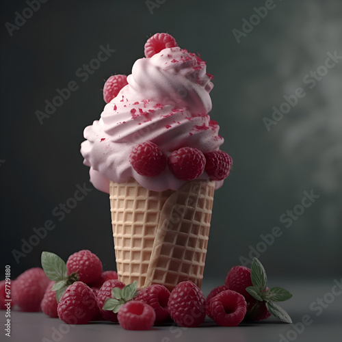 Ice cream in waffle cone with fresh raspberries on grey background