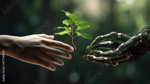 A robot's hand reaching towards a human hand with plant growing #677291896
