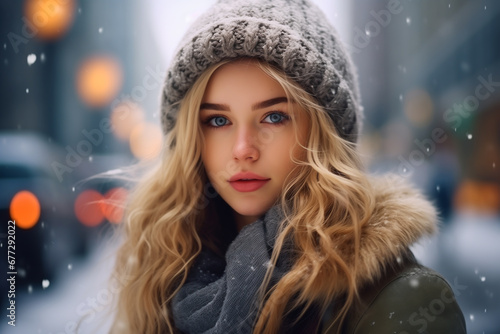 Portrait of young beautiful woman with blue eyes on a street on a snowy day