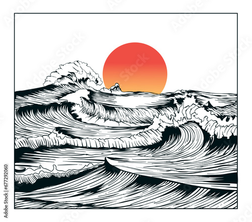 Hand drawn waves illustration with sunset, line water waves vector, Vector sea waves hand sketch