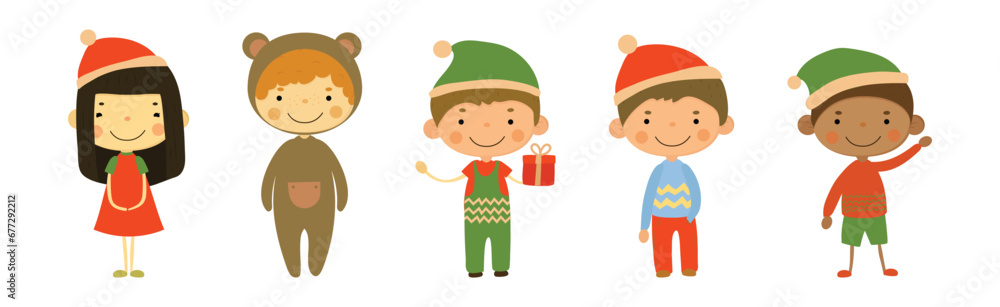 Cute Kids Wearing Christmas Holiday Costume Vector Set Cute Kids Wearing Christmas Holiday Costume Vector Set