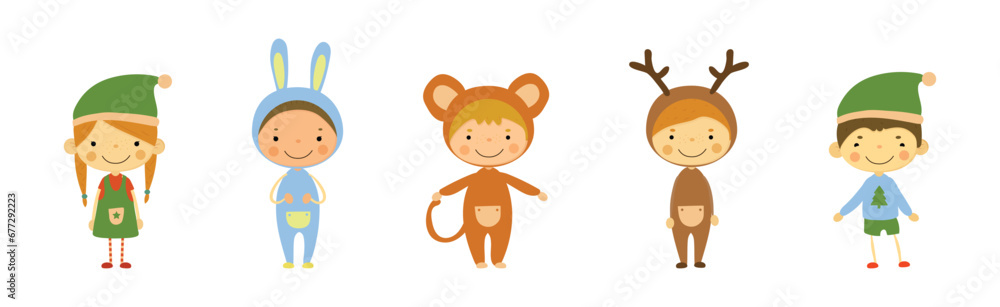 Cute Kids Wearing Christmas Holiday Costume Vector Set