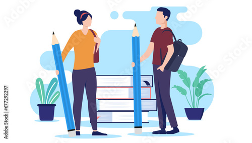 Students ready for education - Young man and woman standing in front of school books holding pencil, preparing to learn and get educated. Flat design vector illustration with white background