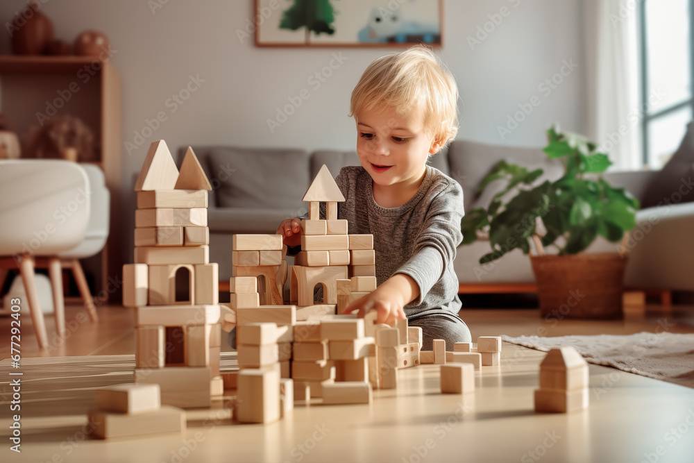 Cute little child playing with wooden blocks. Sustainable eco friendly toys Cute little child playing with wooden blocks. Sustainable eco friendly toys