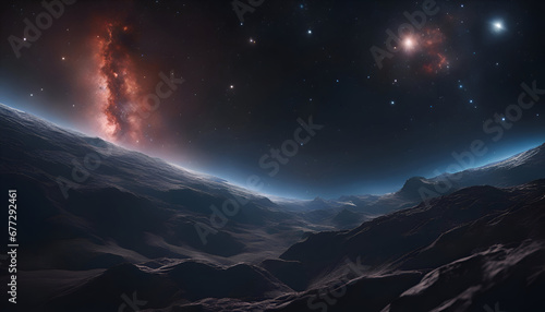 3D rendering of an alien planet in space with stars and galaxies