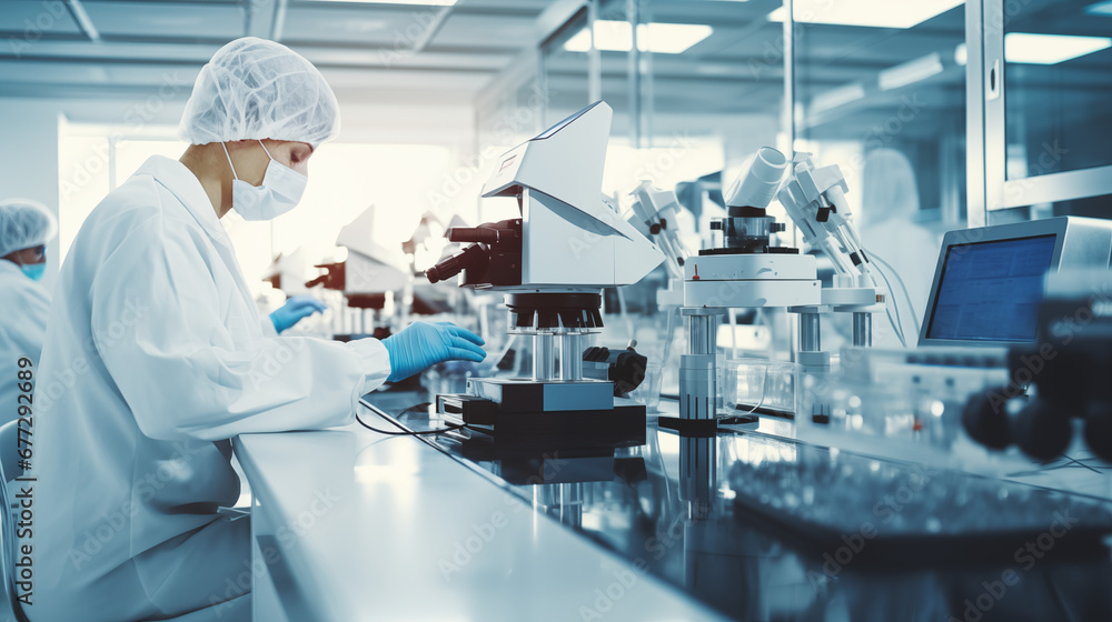 scientist working in laboratory with microscope scientist working in laboratory with microscope
