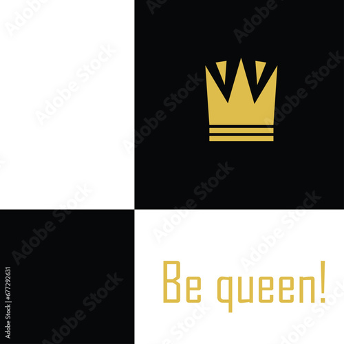Golden crown on an abstract chessboard background. Postcard. Vector