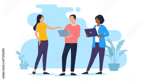 Office people with computers - Team of diverse businesspeople working with laptops talking and discussing work and business. Flat design vector illustration graphic with white background