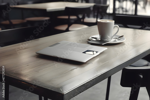 Laptop and coffee cup on wooden table in coffee shop. stock photo