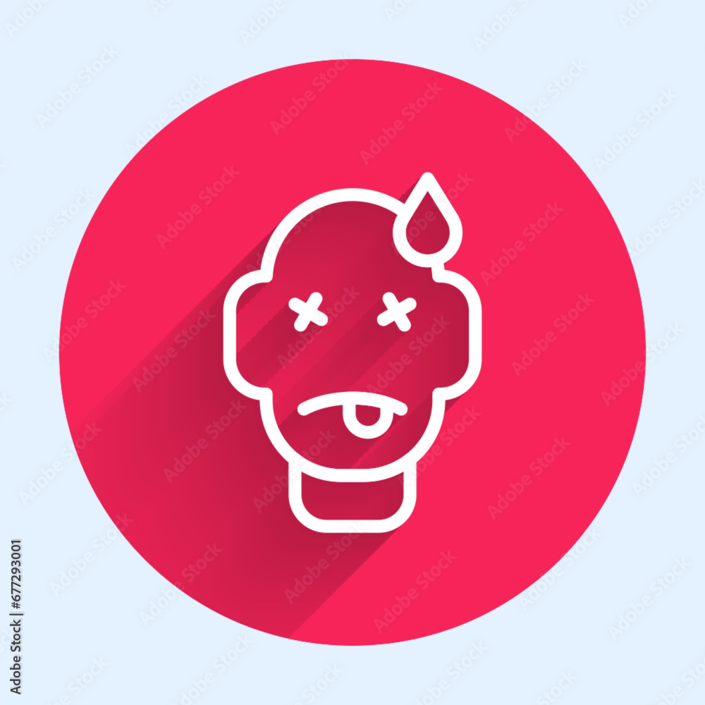 White line Man poisoning icon isolated with long shadow background. Red circle button. Vector White line Man poisoning icon isolated with long shadow background. Red circle button. Vector