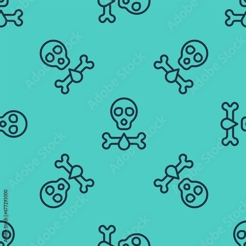 Black line Bones and skull as a sign of toxicity warning icon isolated seamless pattern on green background. Vector