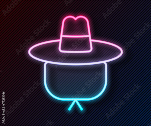 Glowing neon line Camping hat icon isolated on black background. Beach hat panama. Explorer travelers hat for hunting, hiking, tourism. Vector