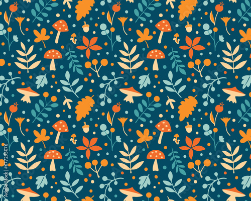 hand drawn flat fall pattern design on dark blue background for autumn season celebration 