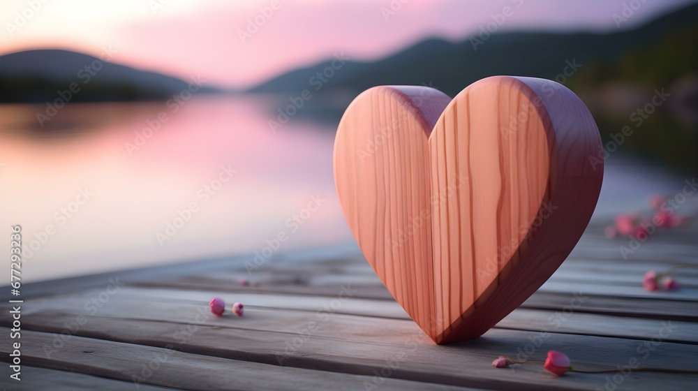 Fototapeta premium Close up of a blush wooden Heart in front of a beautiful Lake. Blurred natural Background