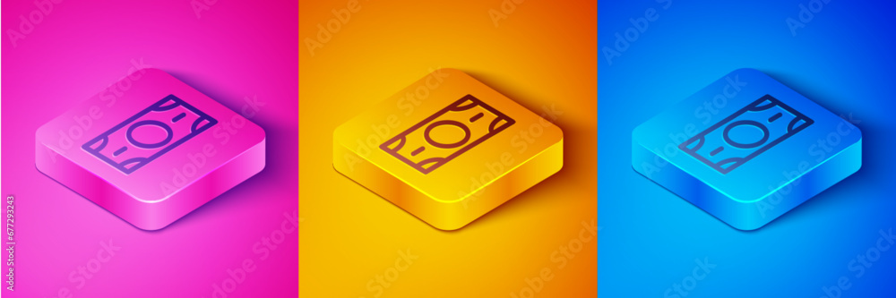 Isometric line Stacks paper money cash icon isolated on pink and orange, blue background. Money banknotes stacks. Bill currency. Square button. Vector Isometric line Stacks paper money cash icon isolated on pink and orange, blue background. Money banknotes stacks. Bill currency. Square button. Vector