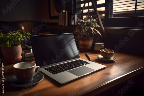 Working place with laptop. coffee cup and plant on wooden table.