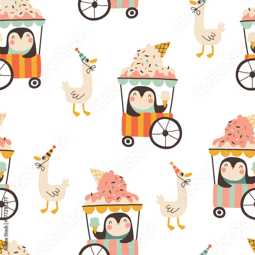 Birthday seamless pattern with a cute penguin selling ice cream to a duck. Vector hand drawn cartoon illustration of festive elements and funny characters. Vintage fun pastel palette.