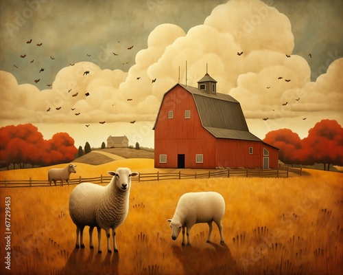 two sheep standing field front barn slicing air pop surrealism illustration autumn wind clouds photo