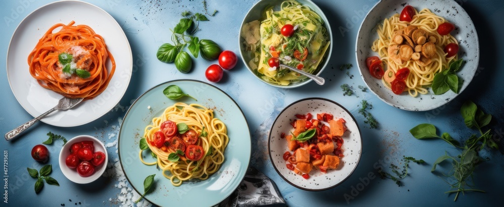 some pasta dishes on table in white and grey some pasta dishes on table in white and grey