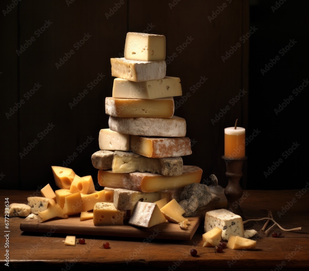 Fototapeta premium cheese stack on wooden shelf