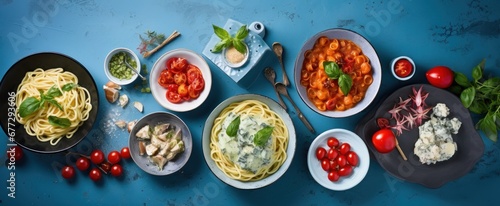 some pasta dishes on table in white and grey