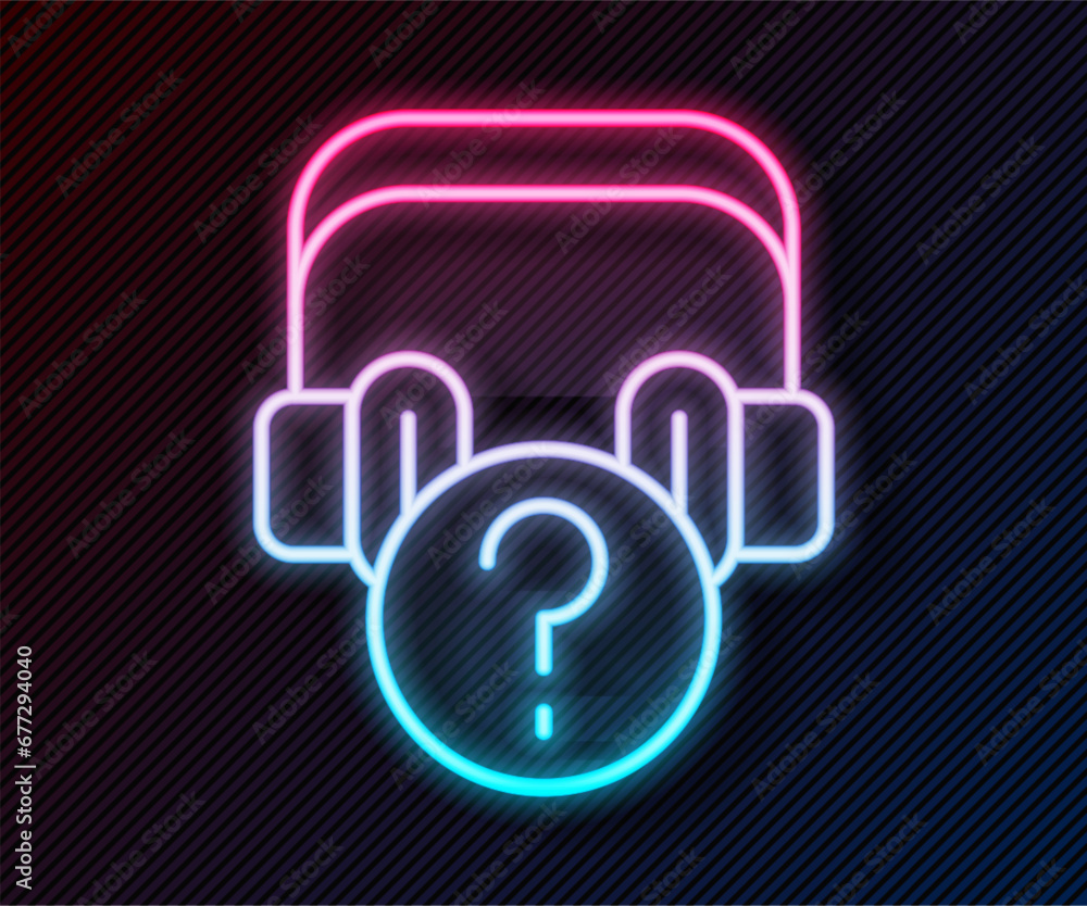 Glowing neon line Headphones with question icon isolated on black background. Support customer service, hotline, call center, faq, maintenance. Vector Glowing neon line Headphones with question icon isolated on black background. Support customer service, hotline, call center, faq, maintenance. Vector