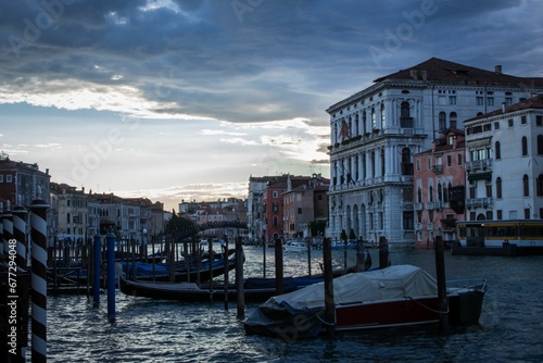 Beautiful view of the famous gondolas in Venice at twilight