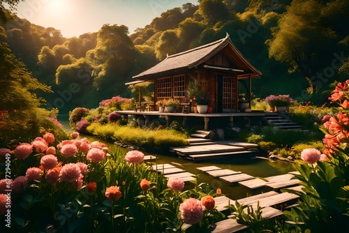 Capture the serene beauty of a blossoming flower garden, where a quaint hut overlooks a tranquil lake, offering a breathtaking view. 