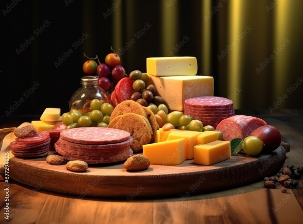 sausage, cheese and olives on wooden board