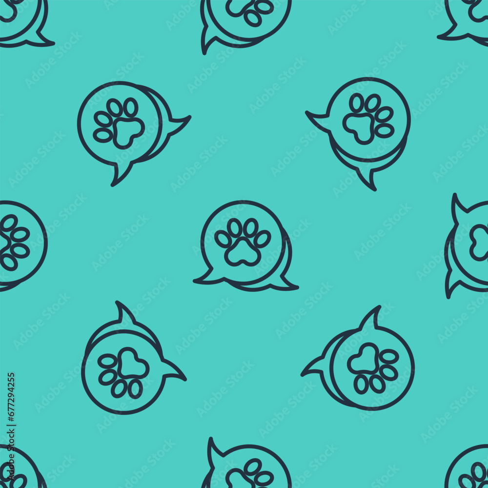 Black line Paw print icon isolated seamless pattern on green background. Dog or cat paw print. Animal track. Vector Black line Paw print icon isolated seamless pattern on green background. Dog or cat paw print. Animal track. Vector