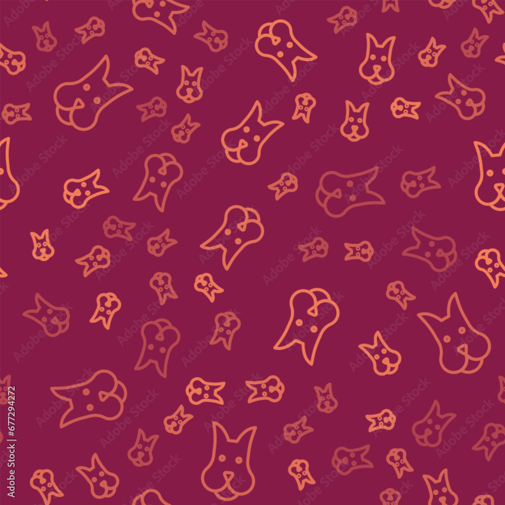 Brown line Dog icon isolated seamless pattern on red background. Vector