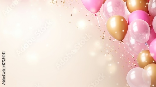 Birthday background with balloons, gold and pink, large copyspace area