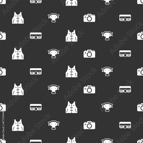 Set Photo camera, Hunting cartridge belt, jacket and African buffalo head on seamless pattern. Vector