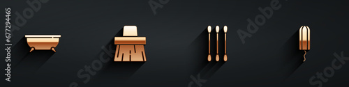 Set Bathtub, Handle broom, Cotton swab for ears and Sanitary tampon icon with long shadow. Vector