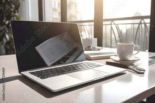 Laptop and coffee cup on the table in modern office room.