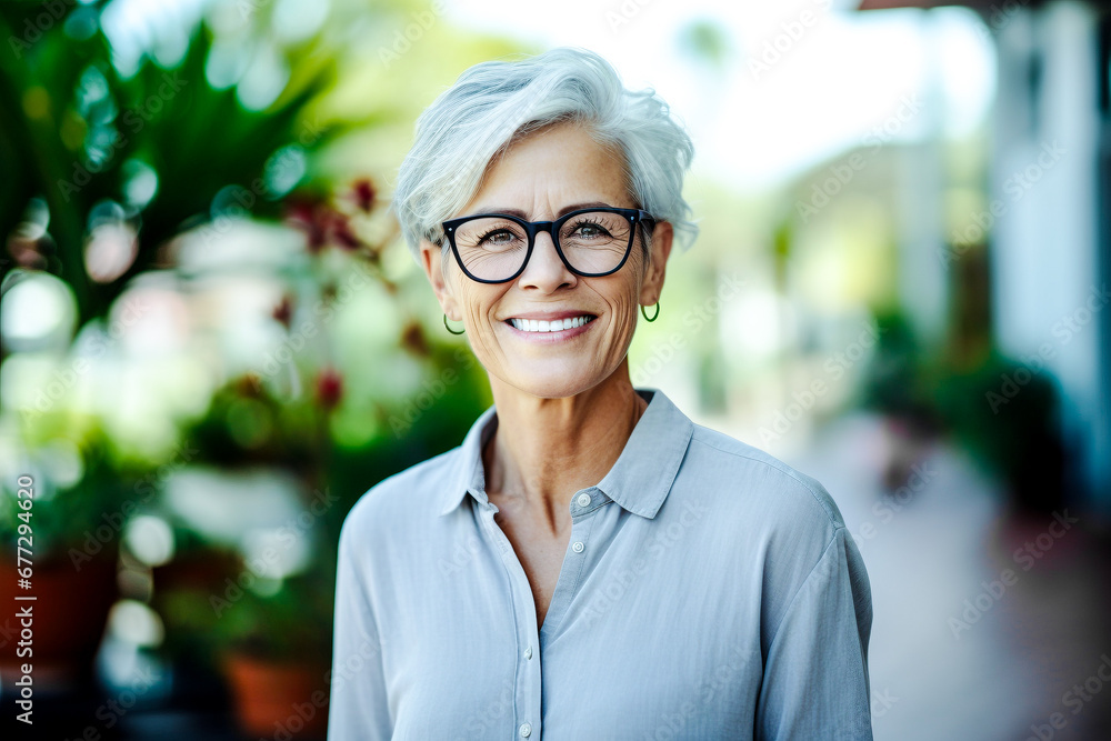 Femme sénior souriante assise dans son salon Femme sénior souriante assise dans son salon