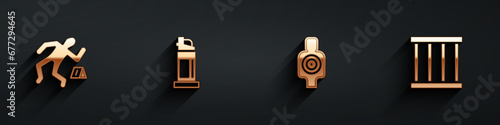Set Crime scene, Pepper spray, Human target sport for shooting and Prison window icon with long shadow. Vector