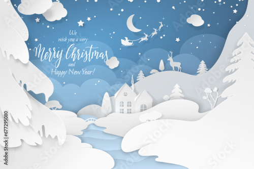 Paper cut-out winter scene with fir trees, cozy houses by a river, Santa's sleigh flying around the moon and a deer in the background. Vector card with text Merry Christmas for the holiday season.