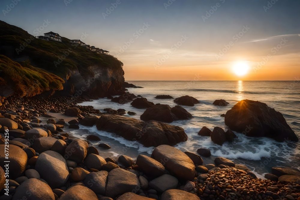 rock beach sunset view beautiful seascape