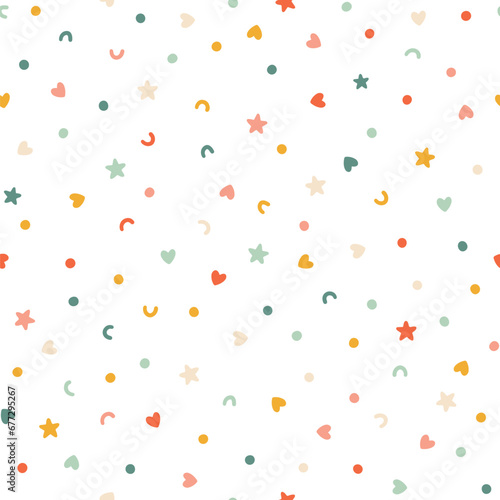 Chaotic confetti seamless pattern. Vector abstract background. Cute simple candy, star, heart and polka dot shapes in a fun vintage palette are perfect for gift wrapping paper. © Світлана Харчук