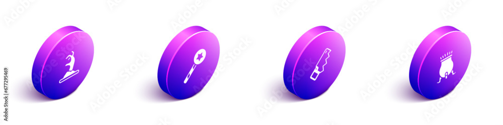 Set Isometric Zombie hand, Magic wand, Hand saw and Witch cauldron icon. Vector Set Isometric Zombie hand, Magic wand, Hand saw and Witch cauldron icon. Vector