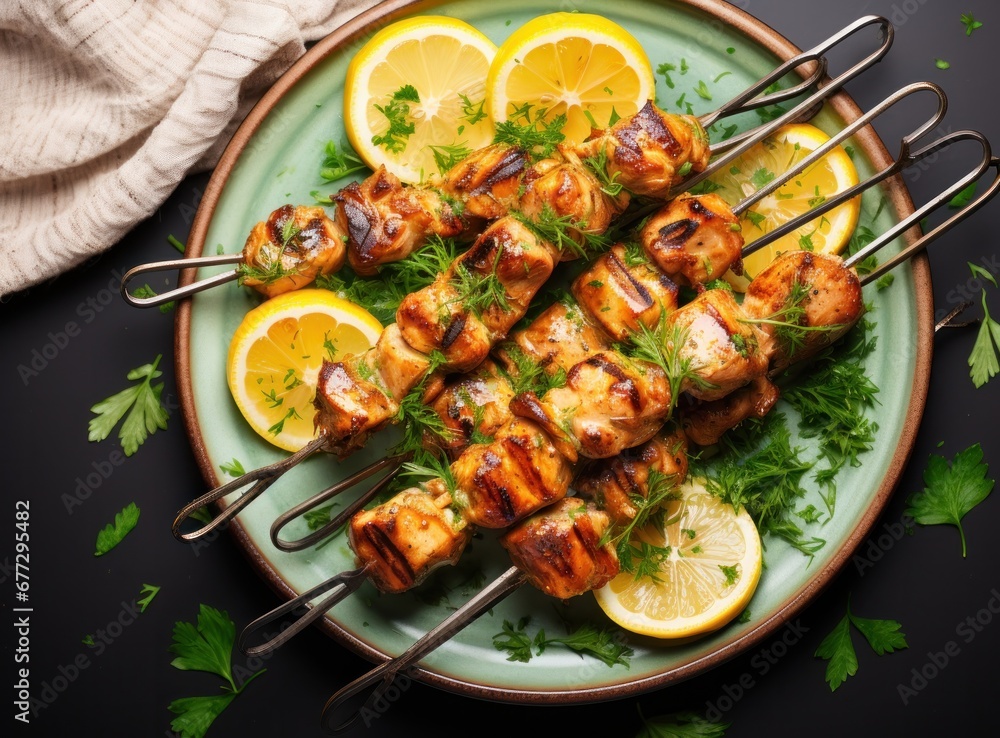chicken skewers on a plate with parsley herbs