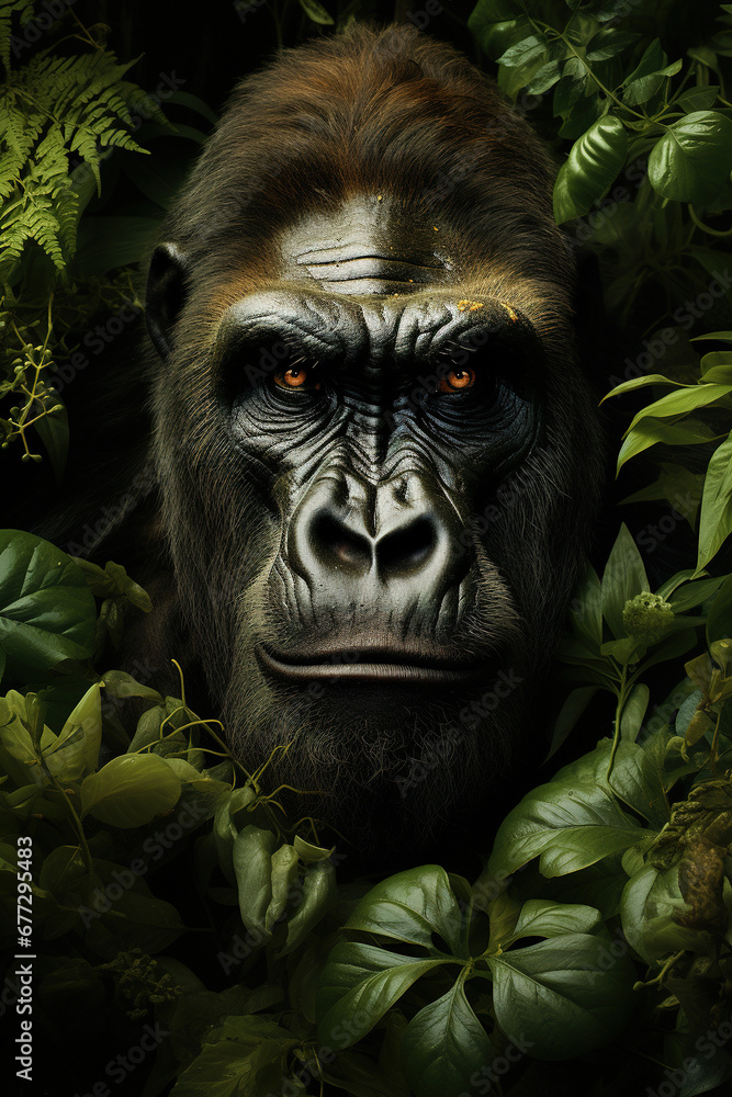 Gorilla's Soulful Stare Amidst Jungle Verdure. AI generation