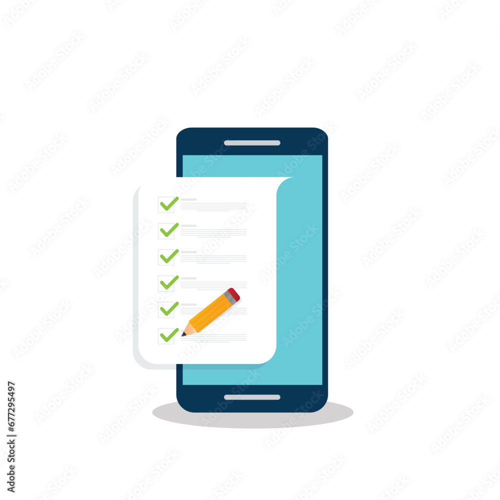 Check list document on smartphone, smartphone with paper check list and to do list with checkboxes, concept of survey, online quiz, completed things or done test, feedback. Check list document on smartphone, smartphone with paper check list and to do list with checkboxes, concept of survey, online quiz, completed things or done test, feedback.