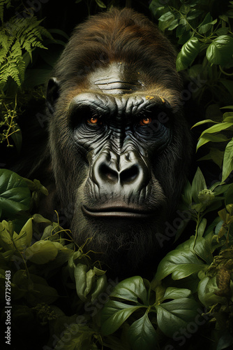 Gorilla's Soulful Stare Amidst Jungle Verdure. AI generation © jockermax3d