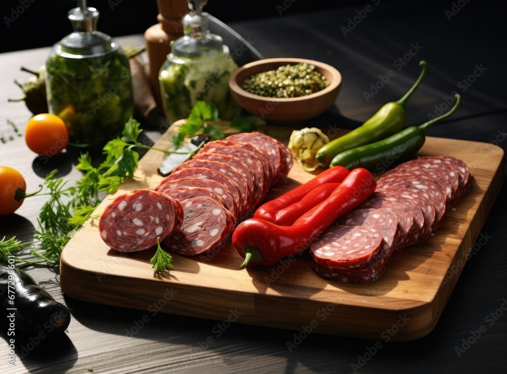 four kinds of salami on wooden board on grey background