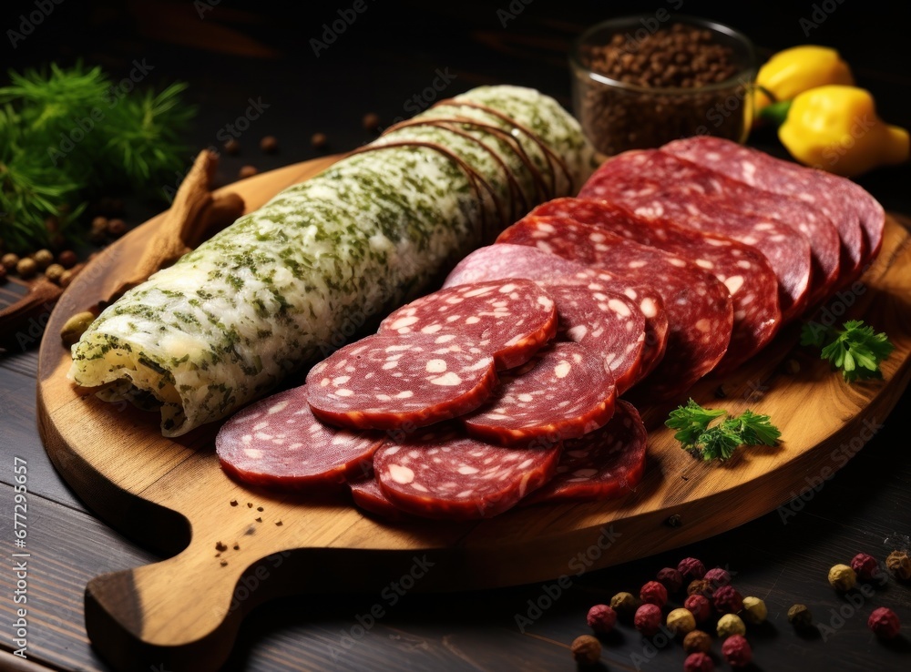four kinds of salami on wooden board on grey background four kinds of salami on wooden board on grey background